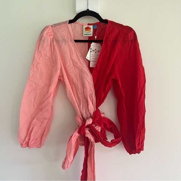 NWT Anthropologie Farm Rio Pink & Red Colorblock Wrap Blouse Top Size Medium JB - Picture 3 of 7